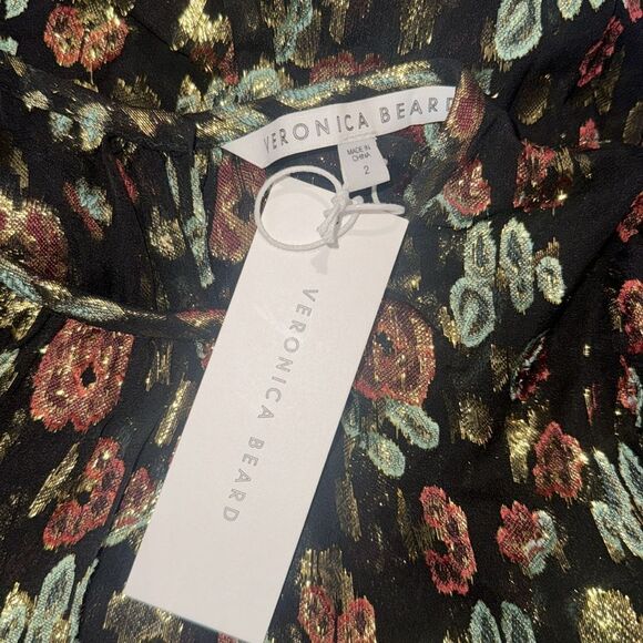 NWT VERONICA BEARD Black Gold Metallic Foil ROBIN Silk Ruched Mini Dress Size 2 - Picture 13 of 15
